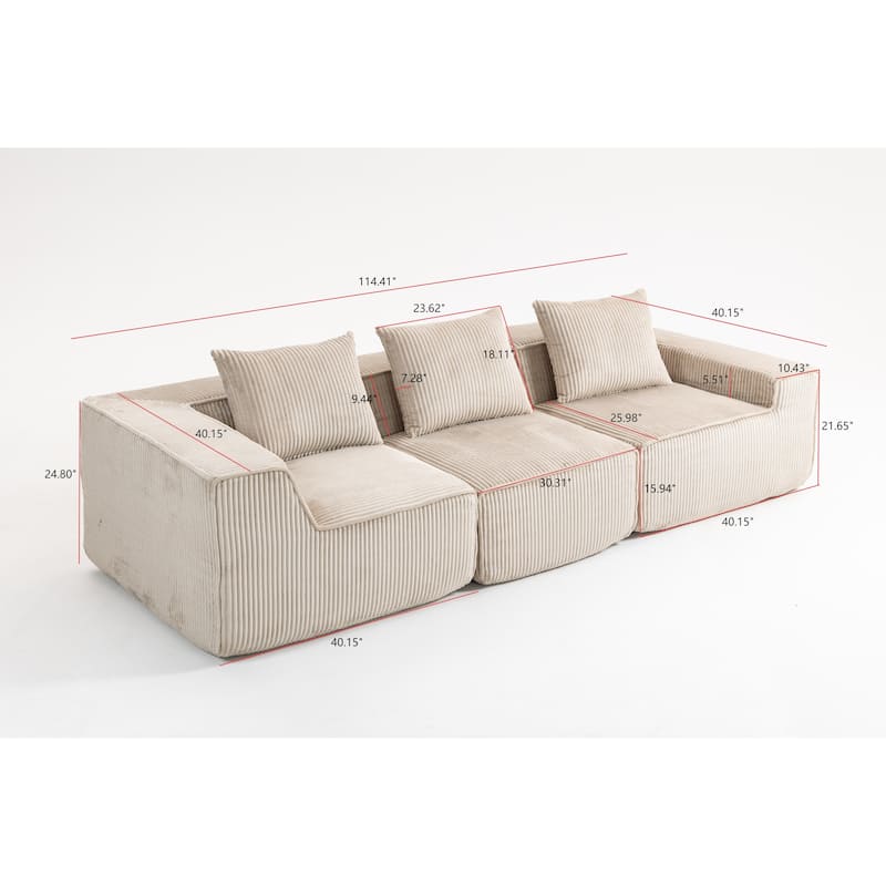 Deep Seat Modular Sofa Corduroy 3 Seater Lounge Couch with Pillows