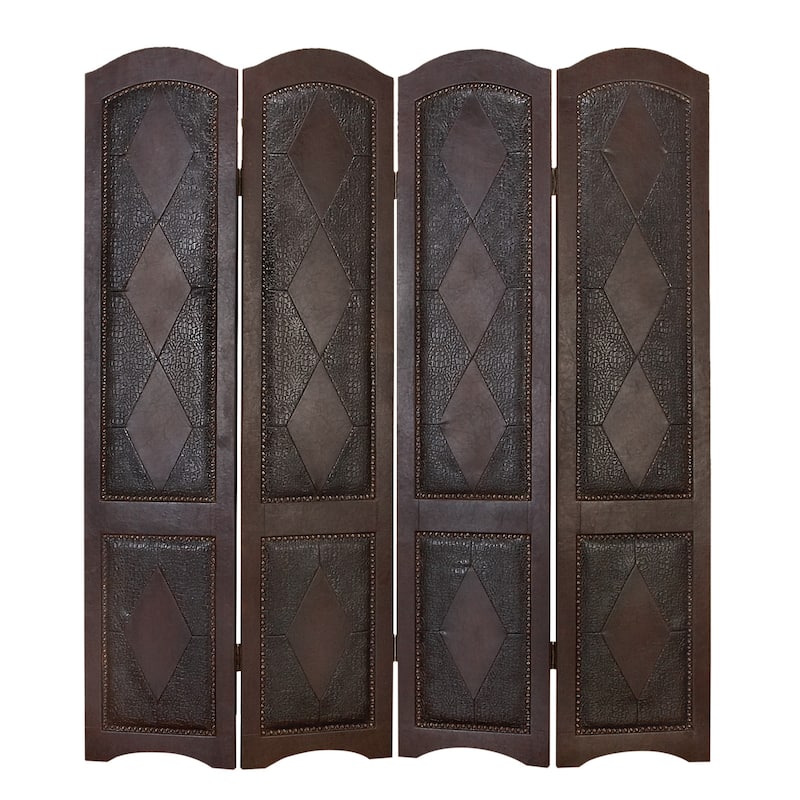 Brown Faux Leather Hinged Foldable Partition 4 Panel Scroll Partition Room Divider Screen with Faux Leather Detailing