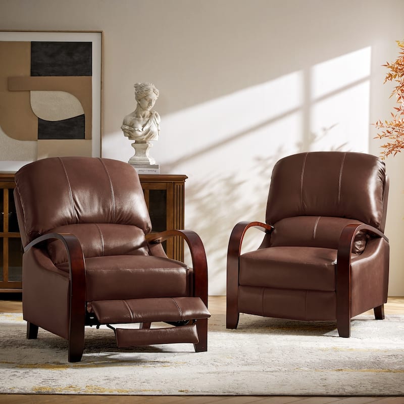 Alex Mid-century Modern Cigar Genuine Leather Manual Recliner with Wooden Curved Arms, Set of 2 - BROWN