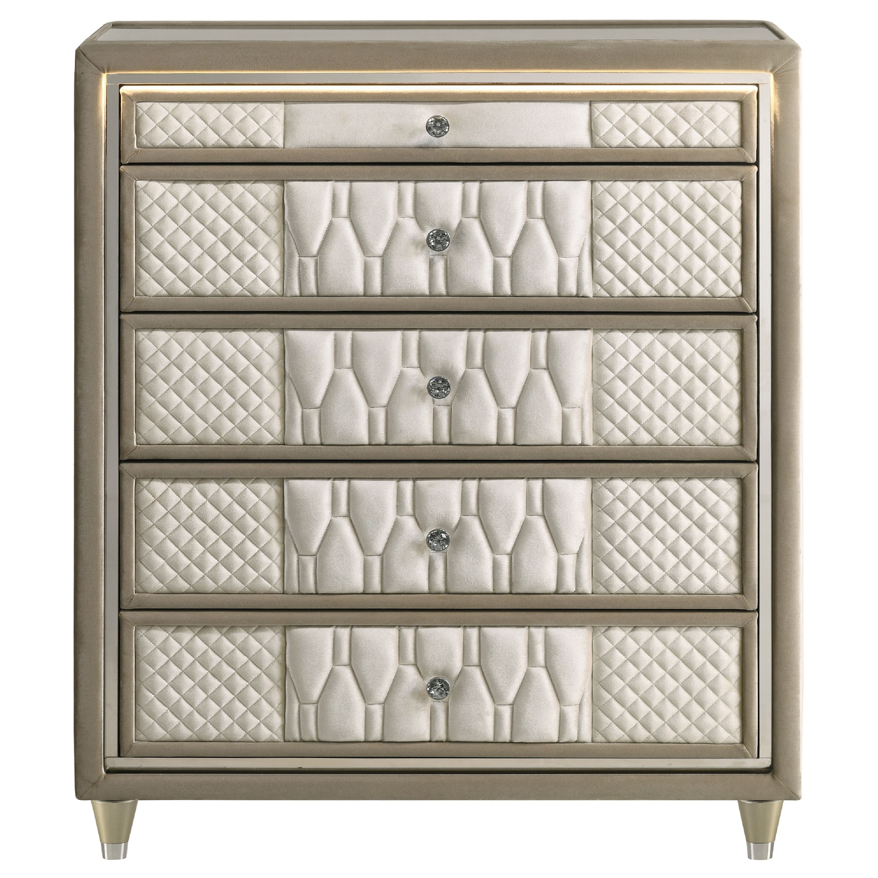 Maren Tall Dresser Chest, 5 Drawers and LED Light, Ivory Tufted Velvet