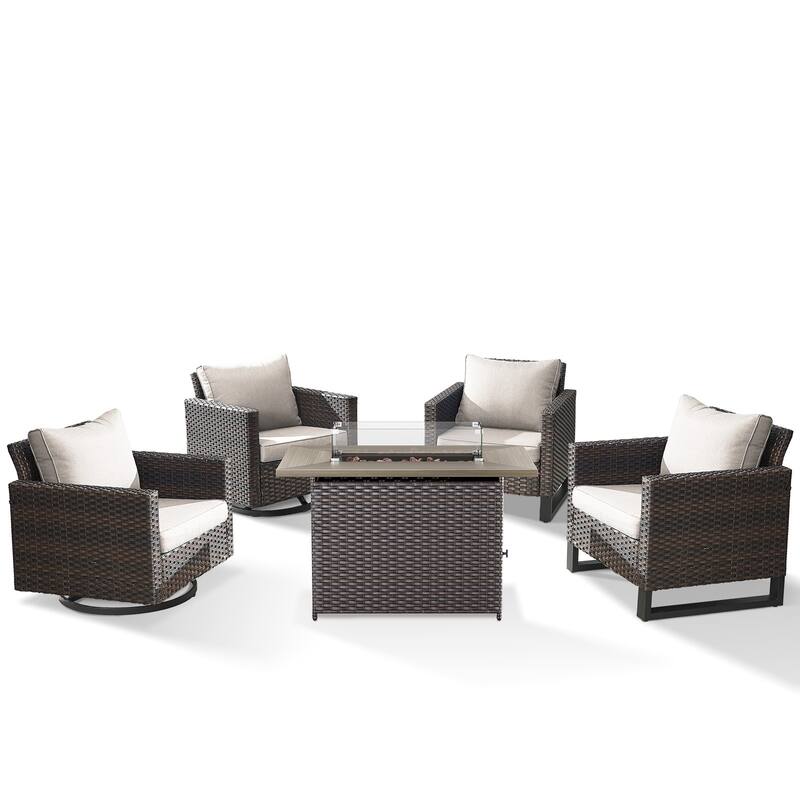 2 Swivel Chair 2 Club Chair with Fire Table Brwon-Beige - Brown