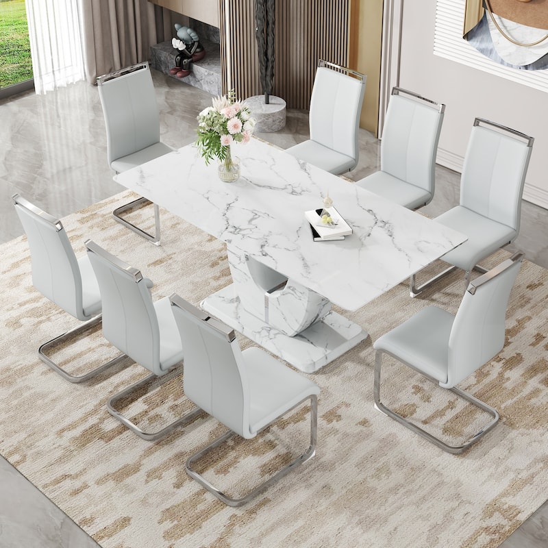 9-Piece Dining Table Set with Light Gray PU Leather Side Chairs
