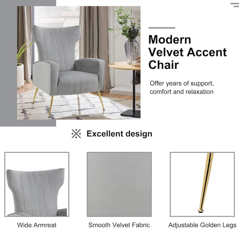 2 Set Velvet Wingback Accent Chairs with Metal Legs for Living Room