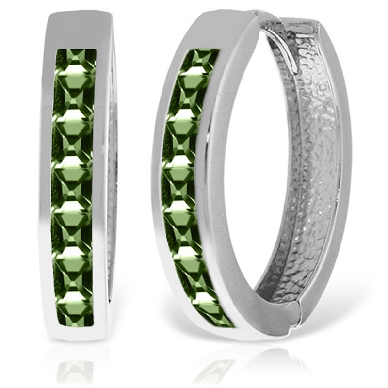14K Solid Gold Hoop Huggie Gemstone Earrings w/ Green Sapphires - White