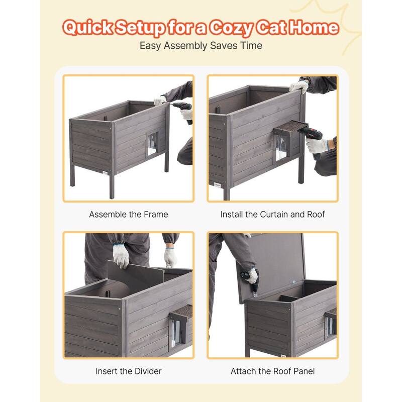 Insulated Wooden Cat House with Heating Pad and Waterproof Outdoor Shelter for Multiple Cats
