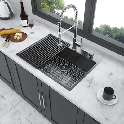 Drop In Gunmetal Black 16 Gauge Stainless Steel 33" Single Bowl Topmount Kitchen Sink Basin