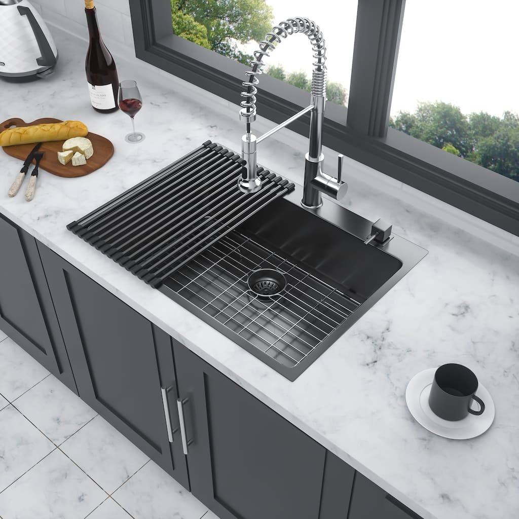 Drop In Gunmetal Black 16 Gauge Stainless Steel 33" Single Bowl Topmount Kitchen Sink Basin