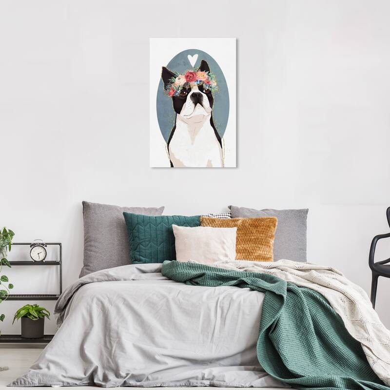 Wynwood Studio Canvas Fashion and Glam Floral Dog Portrait White and Light Blue Modern & Contemporary Wall Art Canvas Print - 36 x 24
