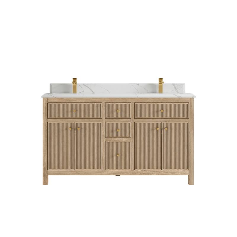 Willow Collections 60 in. W x 22 in. D Sonoma Teak Double Sink Bathroom Vanity with Countertop - 1.5” Calacatta Laza - Light Graywashed