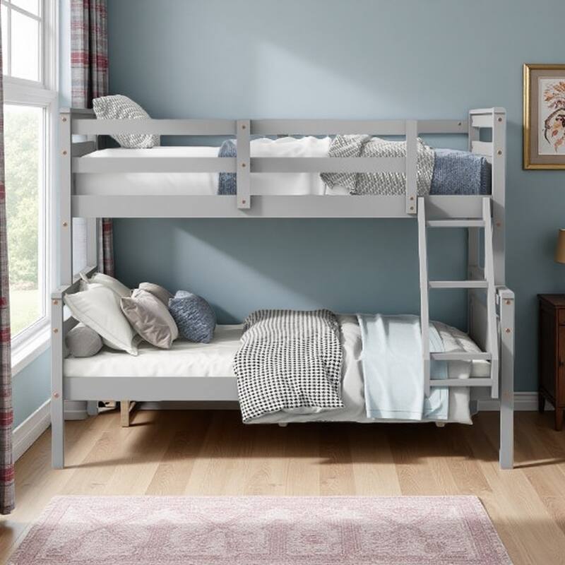Twin-Over-Full Bunk Bed with Sturdy Ladder, Safety Guardrails, and Separate Beds Option, Solid Pine Wood - Gray