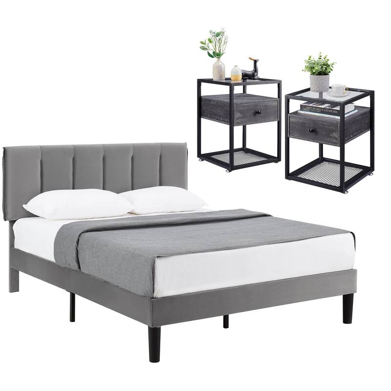 VECELO, Five Colors, 3-Pieces Tufted Upholstered Platform Bed Frame with Adjustable Height Headboard and Nightstands Set of 2