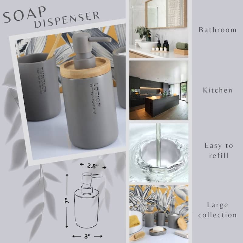 Elegant Soap Dispenser - Polyresin and Bamboo Design, Refillable Liquid Pump - 3 L x 3 W X 7 h