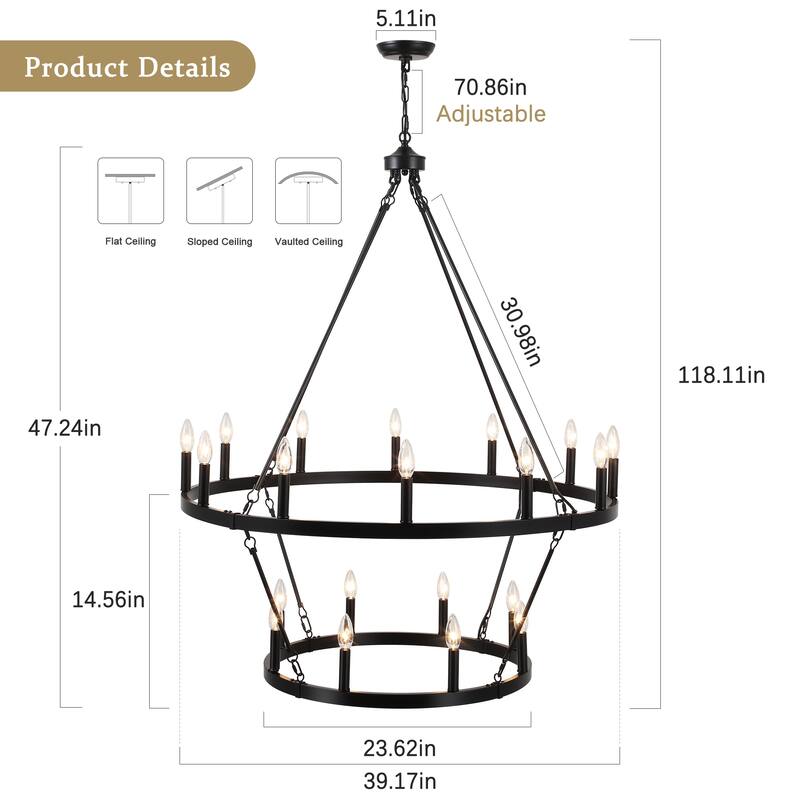 20-Light 39.17-inch Two Tier Wagon Wheel Chandelier for Kitchen