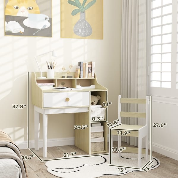 Qaba Kids Desk and Chair Set, Student Desk and Chair Set with Storage Shelves, Drawer, Kids Study Desk and Chair, White