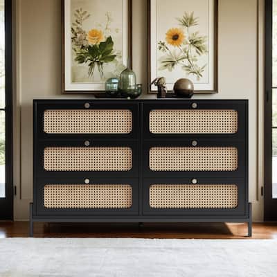 6 Drawers Dresser,Modern Cannage Rattan Wood Chest with 6 Drawers,Wood Storage Cabinet Sideboard for Entryway,Hallway(Black)