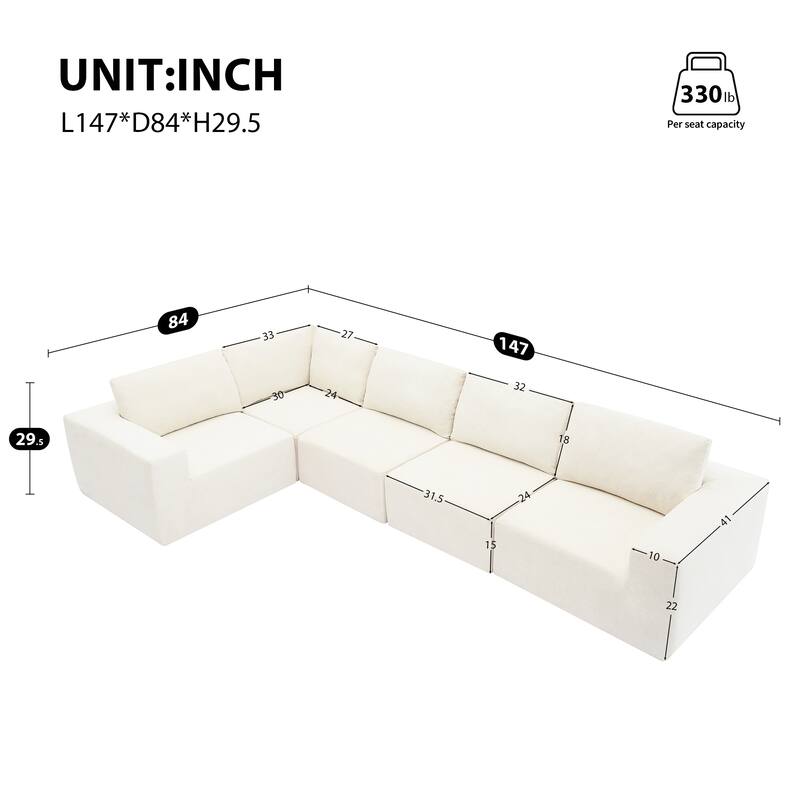 147" Fabric Modular Sectional Sofa with No Assembly, Wide Seats & Cloud Comfort