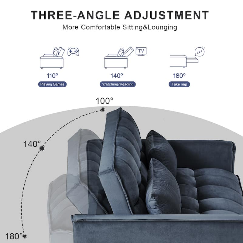 3 in 1 Convertible Sleeper Sofa Bed, Adjustable Backrest, Velvet Loveseat Futon with Pillows & Pockets