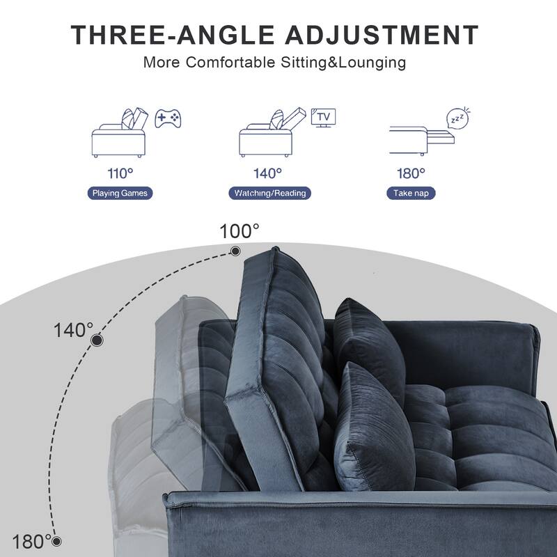 52.75" Velvet 2-Seater Sleeper Sofa, Pull-Out Bed and Adjustable Back