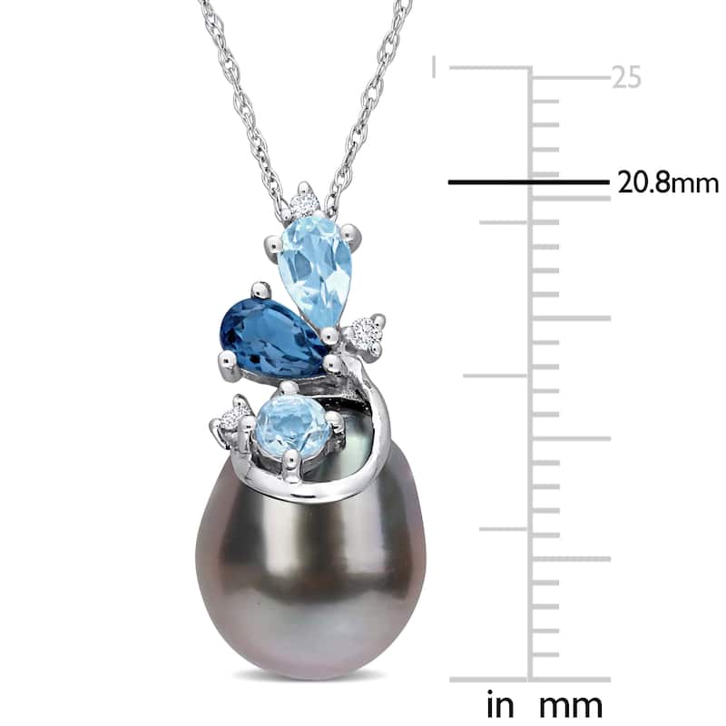 Miadora Black Pearl, Sky Blue Topaz, London Blue Topaz & Diamond Accent Pendant in 14k White Gold
