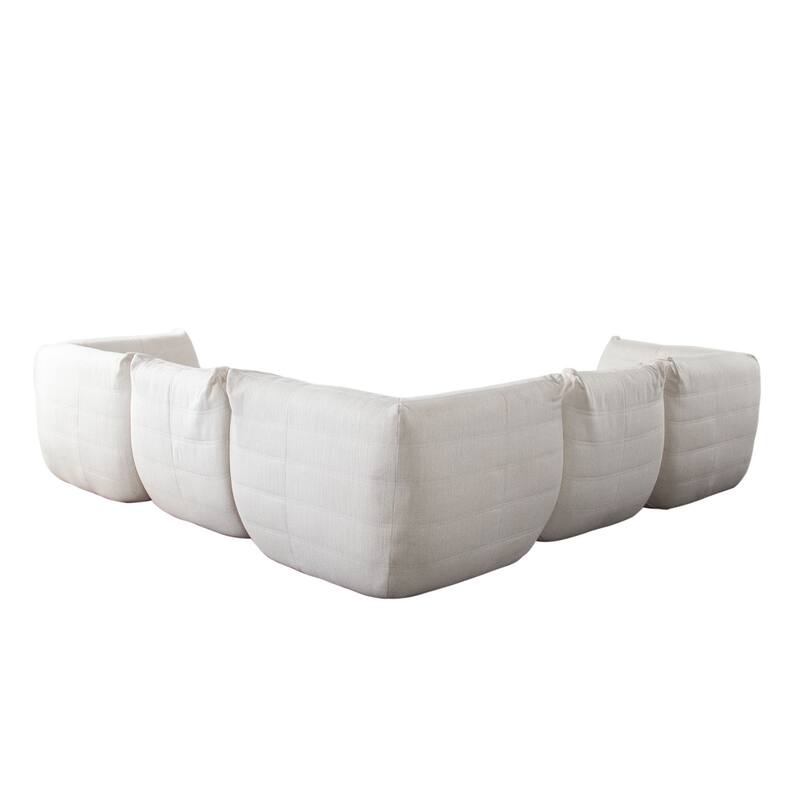 Ezee 5pc Modular L Shaped Sofa, Low Profile Floor Seating Cream Pleated Polyester