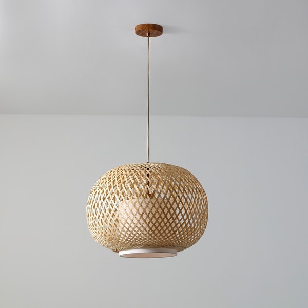 Fos Natural Woven Bamboo Pendant with Linen Shade and Brushed Brass Stand Adjustable Height 15.2 x 19.7 Bed Bath Beyond 41593142
