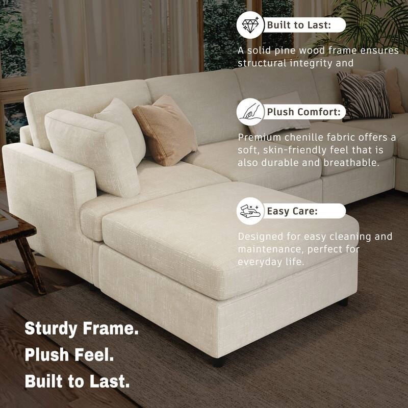 6-Piece U-Shaped Sectional Corner Sofa with Movable Ottoman and Durable Chenille Fabric for Versatile Living Spaces