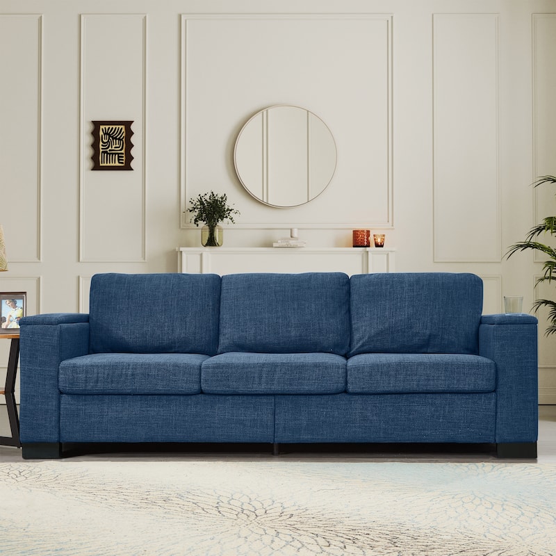 Fabric Upholstered 3 Seater Couch Deep Seat Storage Lounge Sofa with Square Arm and Cup Holders for Living Room - Blue