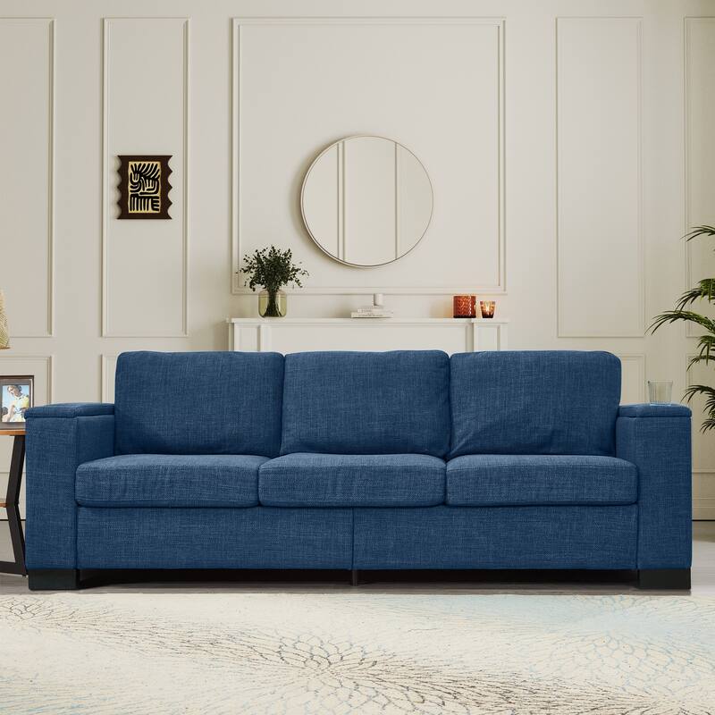 Fabric Upholstered 3 Seater Sofa, Lounge Sofa with Square Arm, Oversized Deep Seat Sofa with Storage & Cup Holders