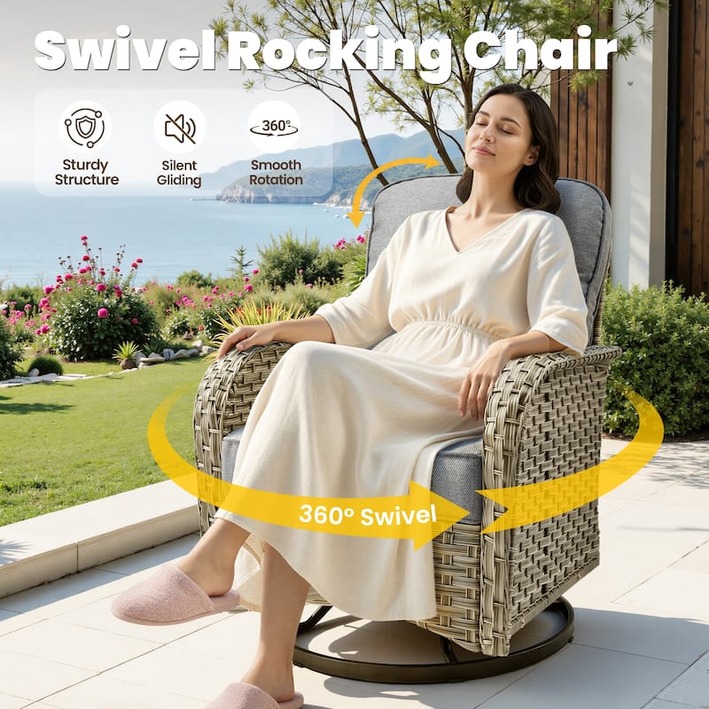 HOOOWOOO 9-piece Wicker Outdoor Furniture Patio Sofa Swivel Chair Set with Fire Pit Table