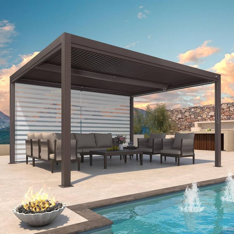 PURPLE LEAF Bronze Louvered Pergola with Adjustable Roof for Deck Backyard Garden Hardtop Gazebo
