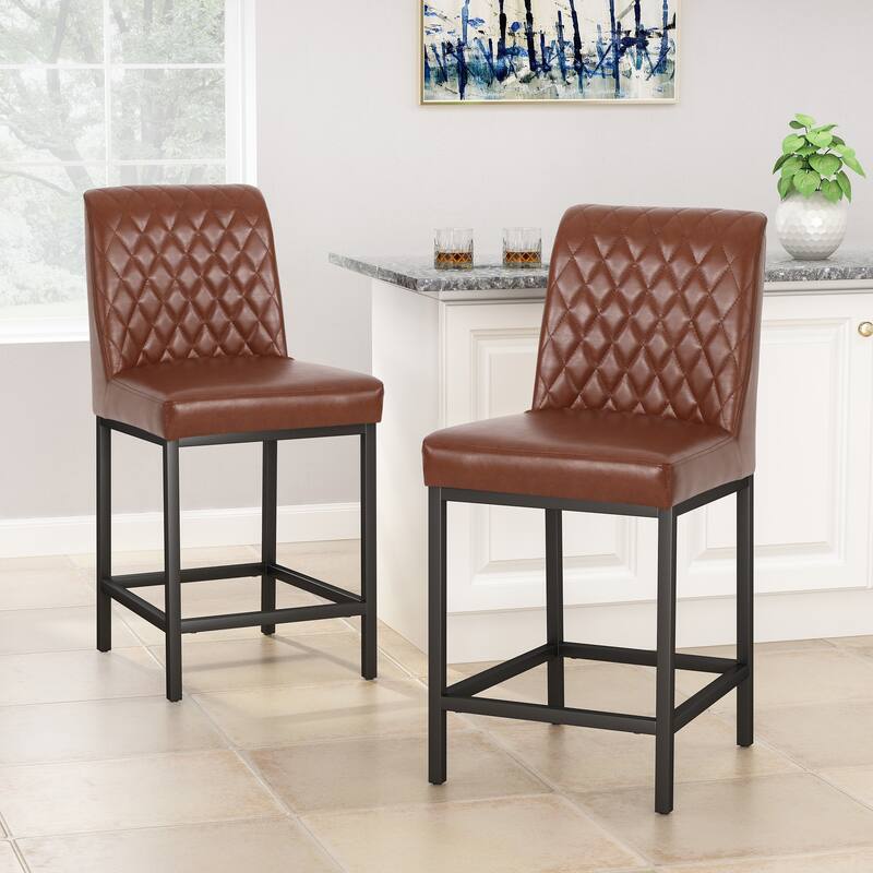 Modern Set of 2 Dining Chairs with Leather Diamond Tufted Back Seat, Metal Legs, Suitable for Bar Counter Dining Room