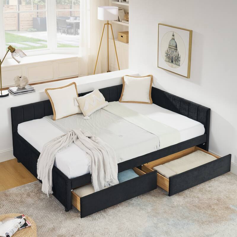 Roomfitters Full Velvet Daybed with Two Storage Drawers, Upholstered Sofa Bed Frame with Backrest and Armrests