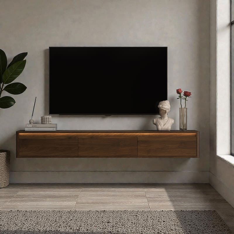 68.9" Floating TV Stand with LED Lights and Power Outlet, Wall Mounted High Gloss Media Console Shelf for Living Room