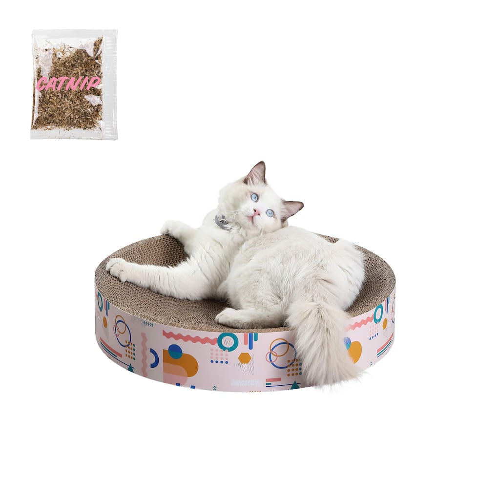Nelson 20.13" Modern Cardboard Round Bowl Cat Scratcher with Catnip, Light Pink/Multi