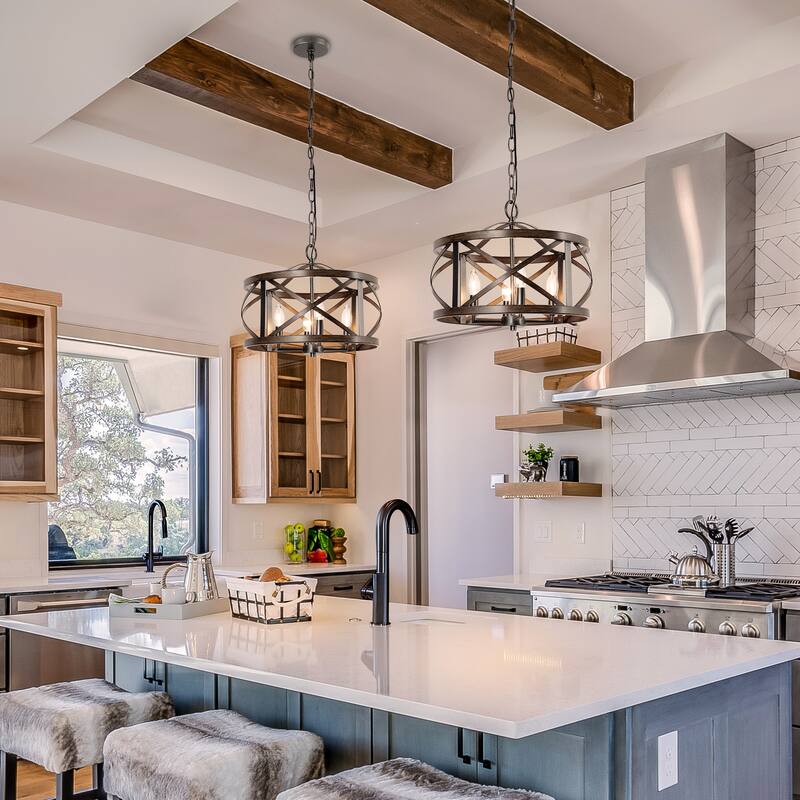 Modern Farmhouse 4-Light Drum Chandelier Wood Grain Lights for Dining Room - D15.5" x H76"