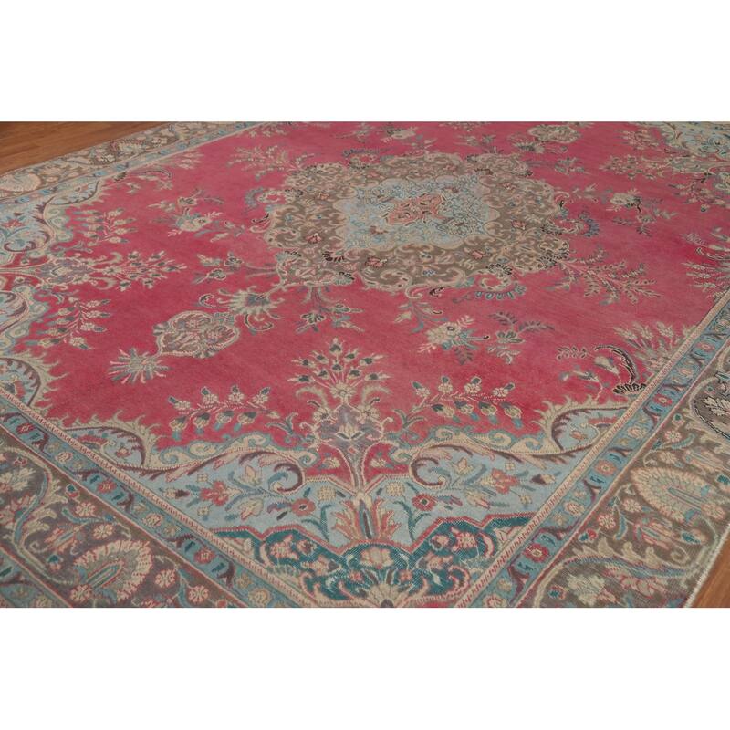 Pink Medallion Tabriz Persian Area Rug Hand-Knotted Wool Carpet - 9'0"x 12'7"