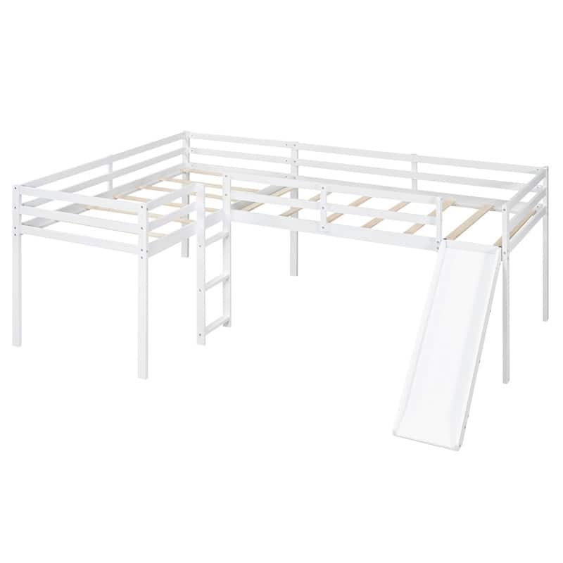 L-Shaped Twin Size Wood Loft Bed with Ladder and Slide