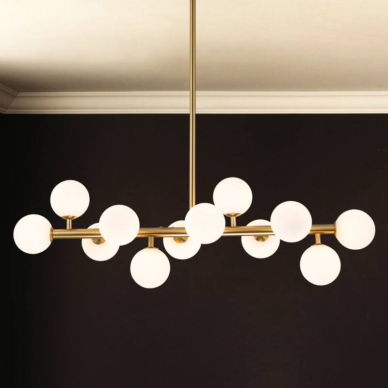C Cattleya 12-Light Brass Linear Chandelier with Opal Glass Globes - Brass