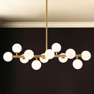 C Cattleya 12-Light Brass Linear Chandelier with Opal Glass Globes