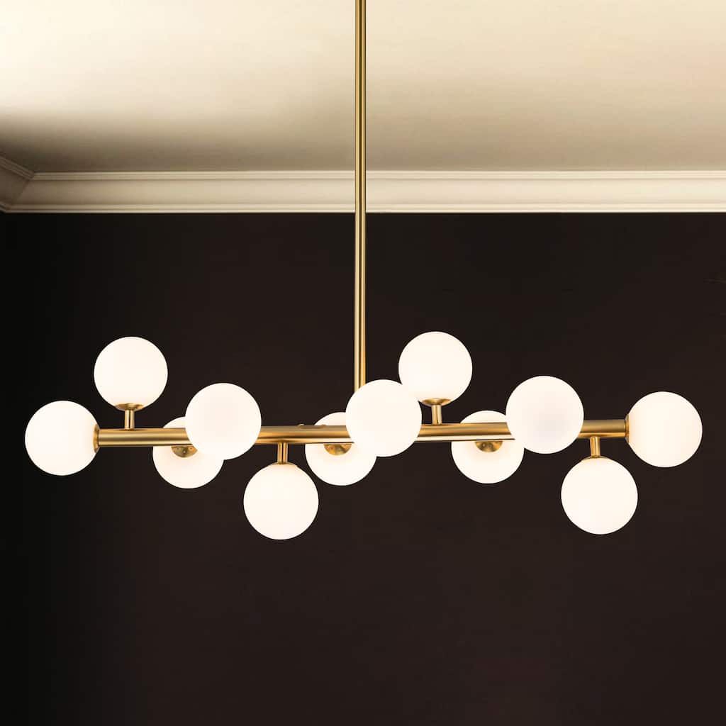 C Cattleya 12-Light Brass Linear Chandelier with Opal Glass Globes