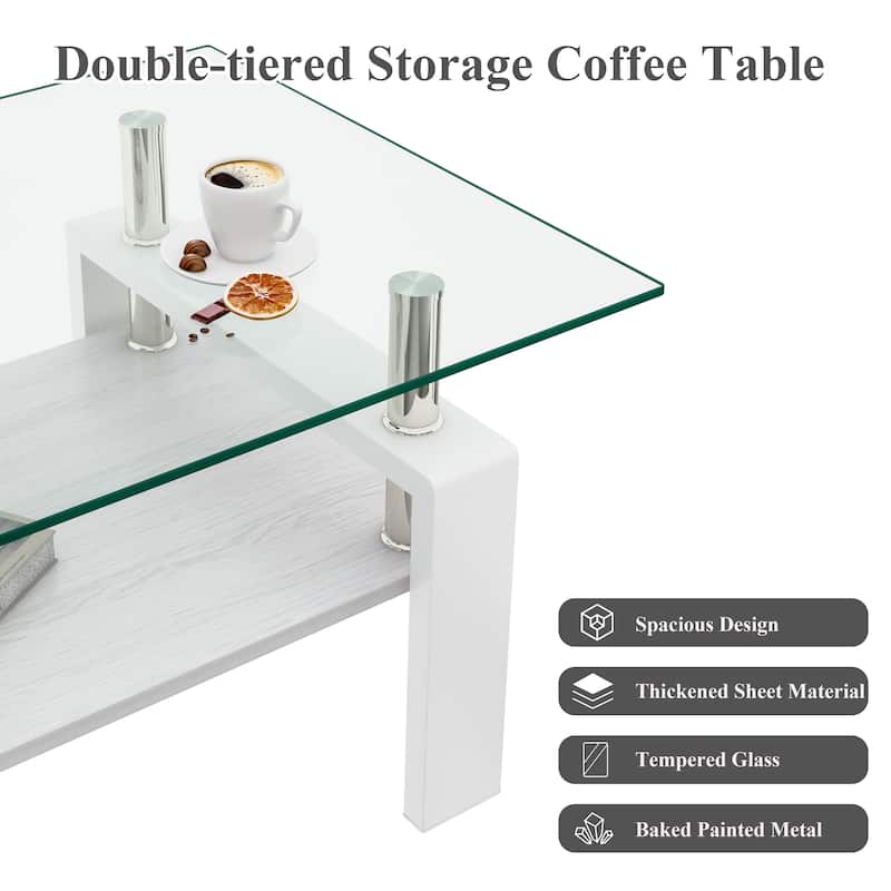 Rectangle Coffee Table, Tempered Glass Tabletop with MDF Layer, Modern Table for Living Room