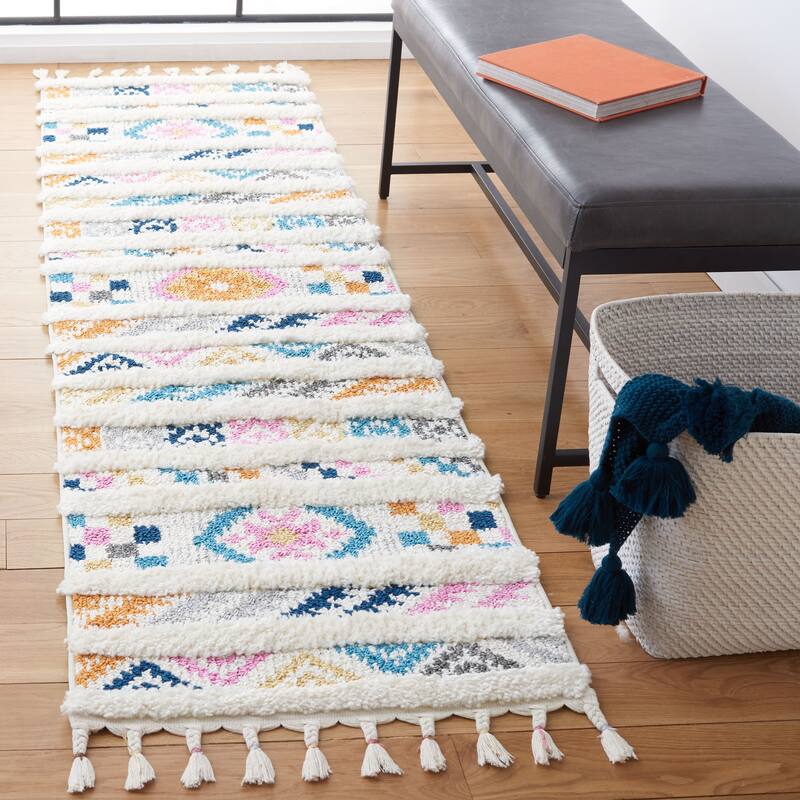 SAFAVIEH Moroccan Fringe Shag Lorean Rug - 2'2" x 8' Runner - Ivory/Blue