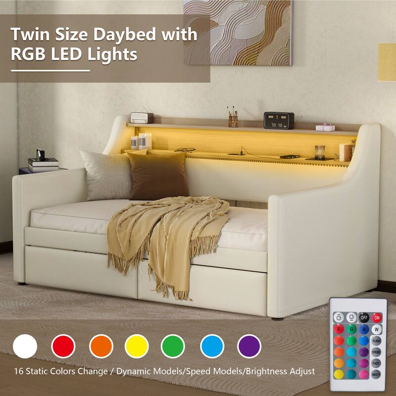 Twin Size Daybed with Storage Drawers, Upholstered Daybed with Charging Station and LED Lights