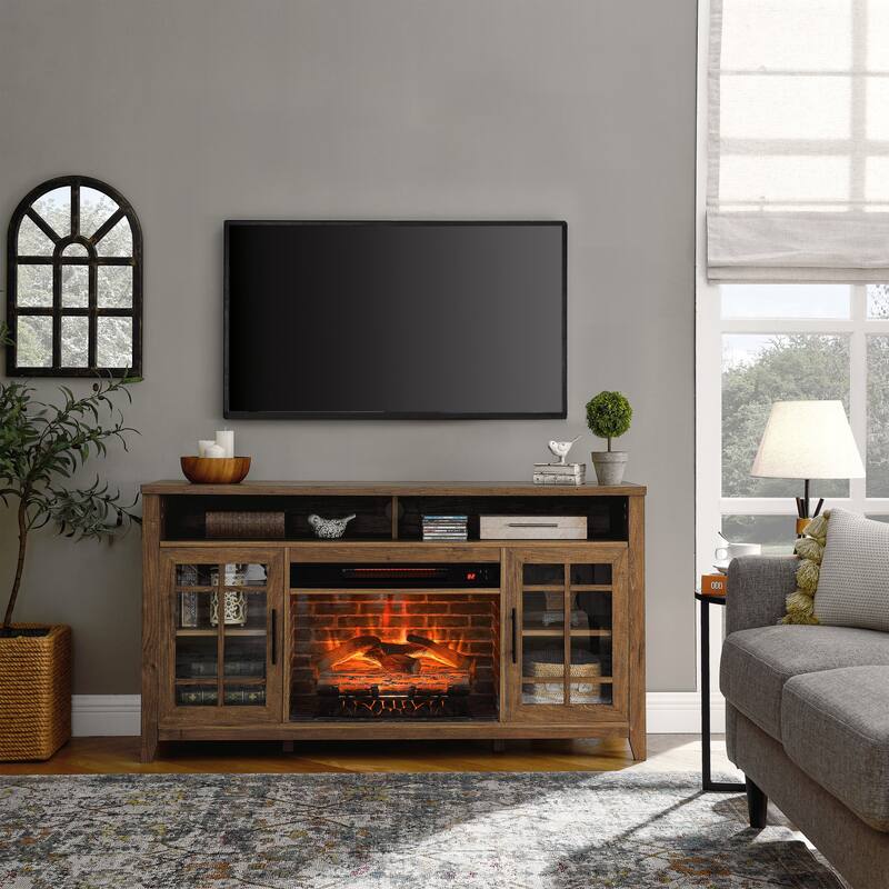 55-Inch Media Console with Built-In Electric Fireplace, Storage Cabinets, and Realistic Flame Effects - N/A