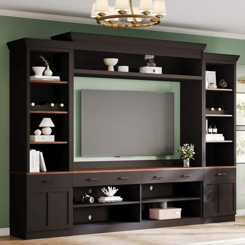 108.2"W Farmhouse 4-Piece Entertainment Wall Unit Set with Bookshelf for TVs Up to 70" - Black