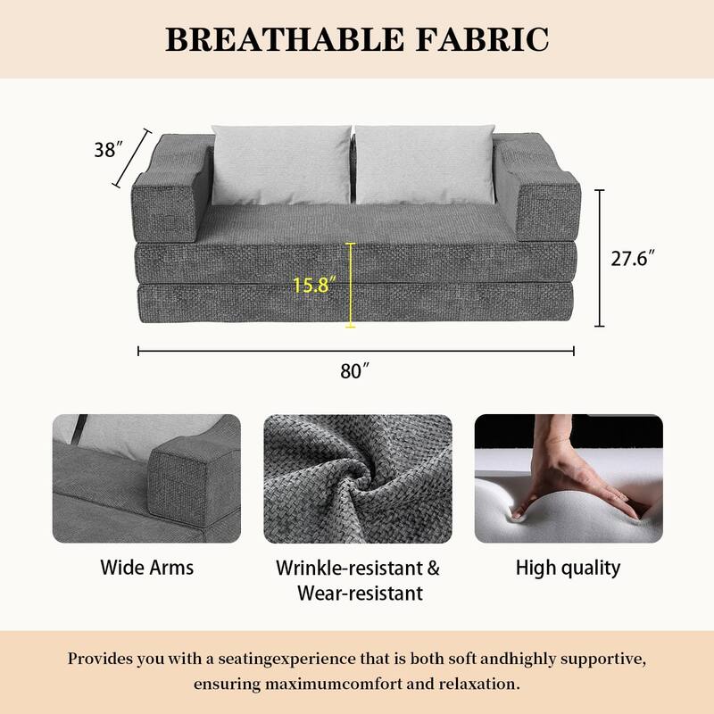 80" Convertible Couch Bed with Removable Cushions and Pillows, 3-Seat Folding Floor Couch & King Size Bed Mattress