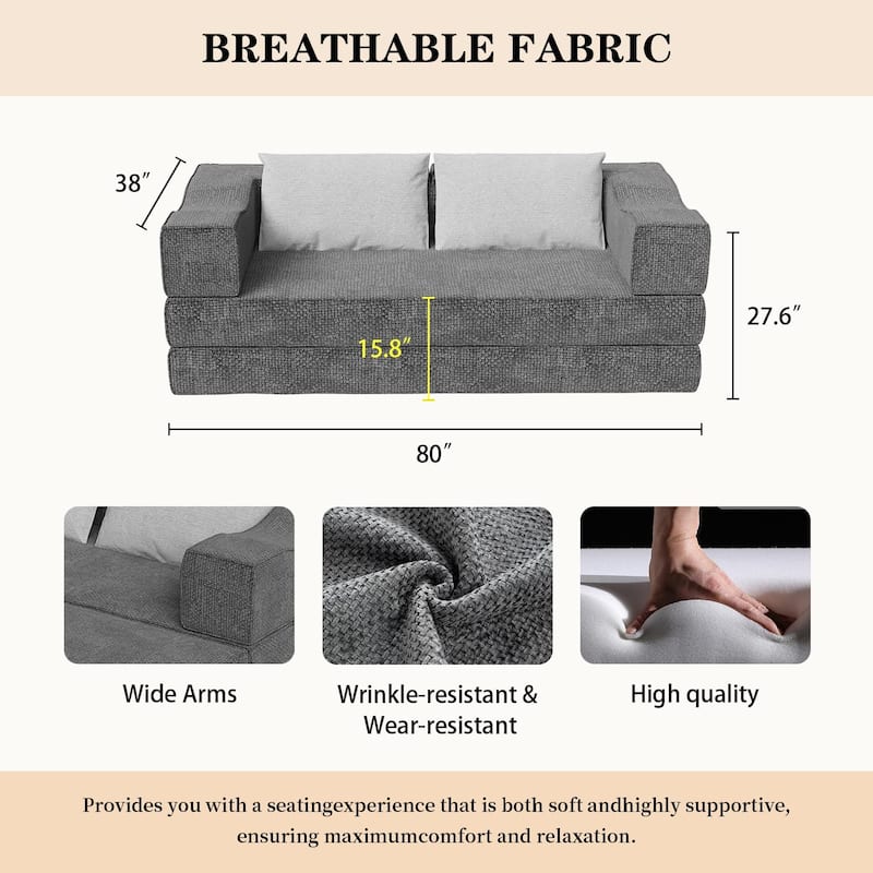 80" Convertible Sofa Bed with 2 Pillows, 2-Seat Folding Floor Couch, Multifunctional Chenille Loveseat Living Room Sleeper Sofa