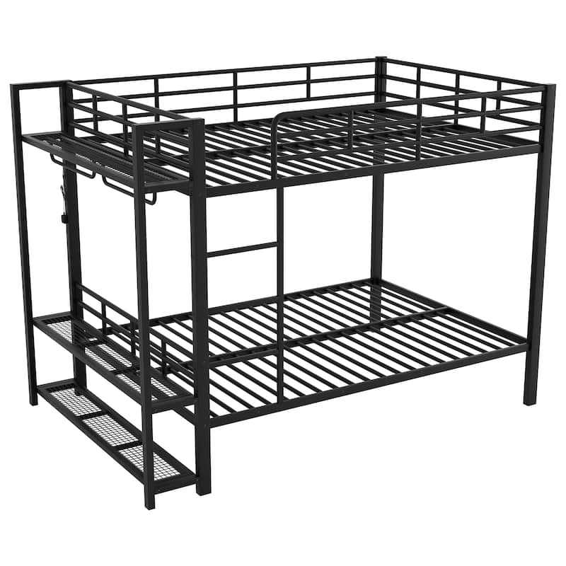 Full Over Full Size Bunk Bed with Storage Mesh Shelves and Clothes Hooks, LED Light - Metal Bed Frame with Metal Slat Support