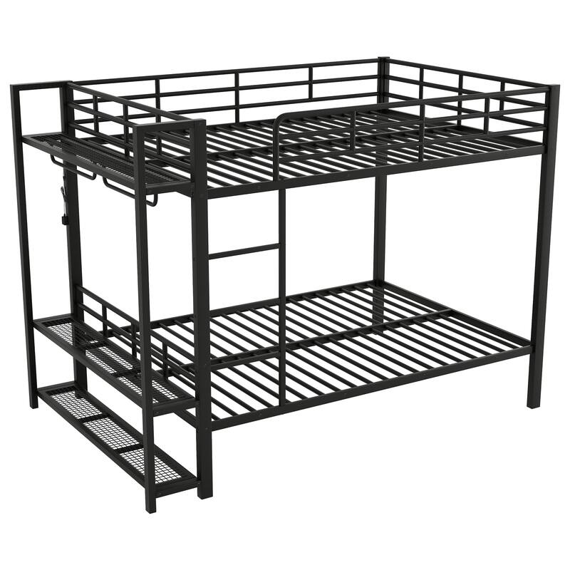 Full Size Metal Bunk Bed with Storage Mesh Shelves and Clothes Hooks,LED Light