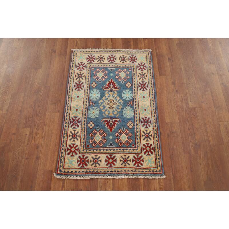 Blue Kazak Oriental Accent Rug Hand-Knotted Wool Carpet - 1'11" x 2'11"